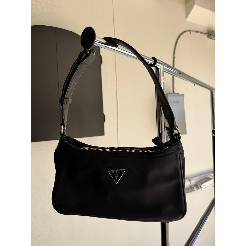 Guess Mini Shoulder Bag Women's Black Nylon Triangle Logo Adjustable Strap